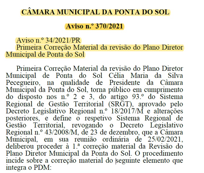 Primeira Correção Material da revisão do Plano Diretor Municipal de Ponta do Sol